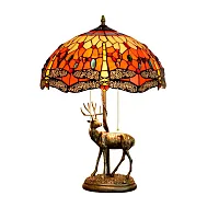 Настольная лампа Тиффани Dragonfly OFT905 Tiffany Lighting разноцветная жёлтая красная бежевая 2 лампы, основание бронзовое металл в стиле тиффани стрекоза