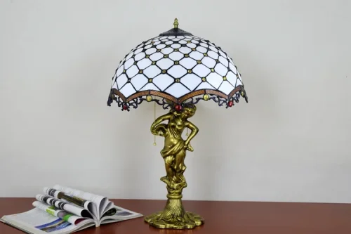 Настольная лампа Тиффани European OFT946 Tiffany Lighting разноцветная коричневая белая 2 лампы, основание золотое металл в стиле тиффани орнамент фото 8