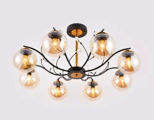 Люстра потолочная TR9076 Ambrella light янтарная на 8 ламп, основание чёрное в стиле современный лофт шар фото 2
