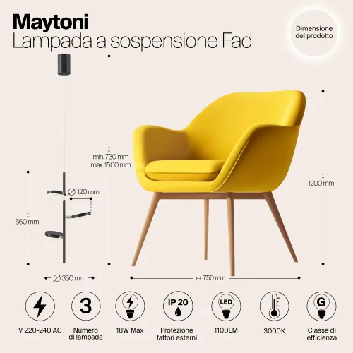 Светильник подвесной LED Fad MOD070PL-L18B3K Maytoni белый чёрный на 3 лампы, основание чёрное в стиле современный фото 4