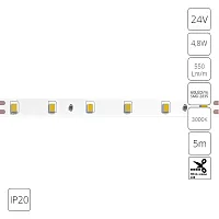 Светодиодная лента 24В 4,8Вт/м 550Лм/м 3000К 90+ 8мм SMD2835 60шт/м 5м IP20 Tape A2406008-01-3K Arte Lamp цвет LED тёплый белый 3000K, световой поток Lm