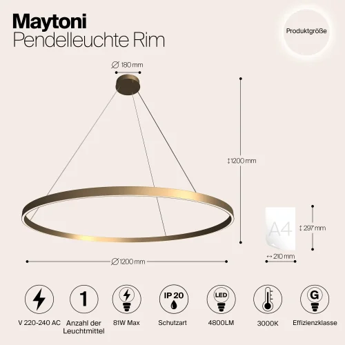 Светильник подвесной LED Rim MOD058PL-L65BS3K Maytoni латунь на 1 лампу, основание латунь в стиле современный хай-тек кольца фото 3