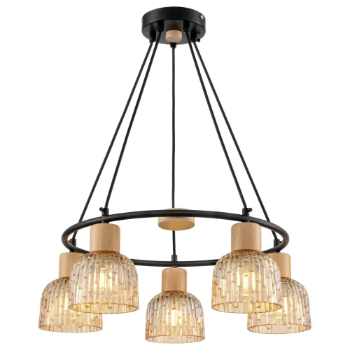 Люстра подвесная 213-023-05 Velante янтарная на 5 ламп, основание чёрное в стиле современный 