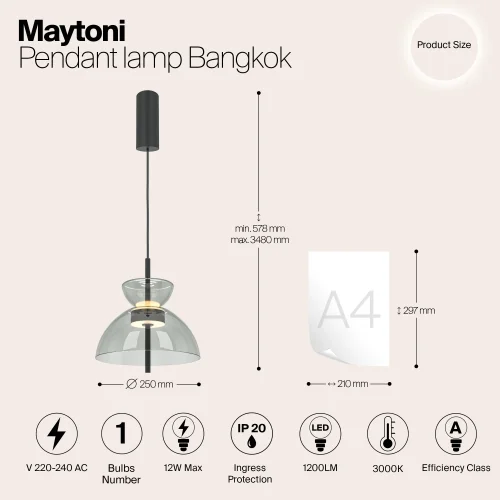 Светильник подвесной LED Bangkok MOD185PL-L11B3K2 Maytoni серый на 1 лампу, основание чёрное в стиле современный фото 6