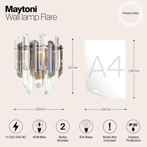 Бра Flare DIA200WL-02G Maytoni прозрачный на 2 лампы, основание золотое в стиле классический фото 4