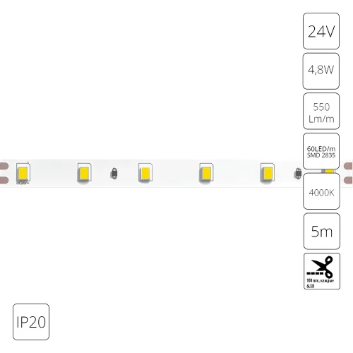 Светодиодная лента 24В 4,8Вт/м 550Лм/м 4000К 90+ 8мм SMD2835 60шт/м 5м IP20 Tape A2406008-02-4K Arte Lamp цвет LED нейтральный белый 4000K, световой поток Lm
