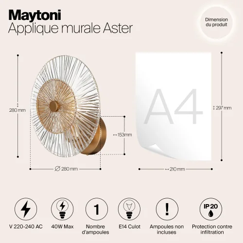 Бра настенный Aster MOD007WL-01G Maytoni прозрачный на 1 лампу, основание золотое в стиле фото 5