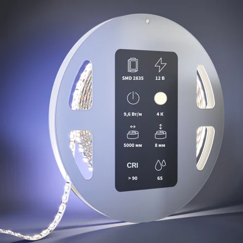 Светодиодная лента 12В 2835 9,6Вт/м 4000К 5м IP 65 201035 Maytoni цвет LED нейтральный белый 4000K, световой поток 910Lm фото 2