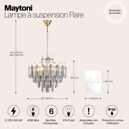 Люстра подвесная Flare DIA200PL-06G Maytoni прозрачная на 6 ламп, основание золотое в стиле классический фото 9