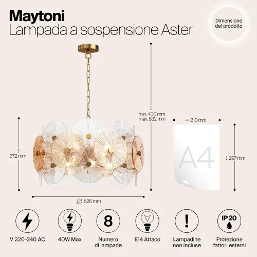 Люстра подвесная Aster MOD007PL-08G Maytoni прозрачная янтарная на 8 ламп, основание золотое в стиле современный арт-деко фото 7