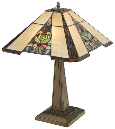 Настольная лампа Тиффани 845-804-02 Velante бежевая разноцветная коричневая 2 лампы, основание коричневое металл в стиле тиффани 