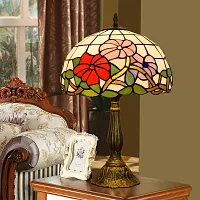 Настольная лампа Тиффани Flower OFT821 Tiffany Lighting зелёная белая розовая красная разноцветная 1 лампа, основание коричневое бронзовое металл в стиле тиффани цветы