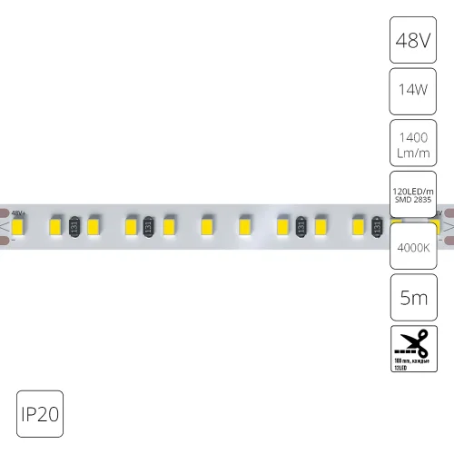 Светодиодная лента 48В 14Вт/м 1400Лм/м 4000К 90+ 10мм SMD2835 120шт/м 5м IP20 Tape A4812010-06-4K Arte Lamp цвет LED нейтральный белый 4000K, световой поток Lm