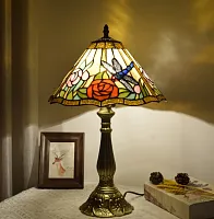 Настольная лампа Тиффани Rose OFT845 Tiffany Lighting бежевая разноцветная 1 лампа, основание коричневое металл в стиле тиффани цветы