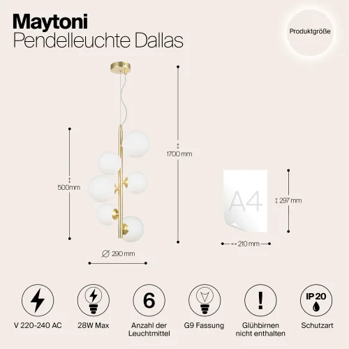 Светильник подвесной Dallas MOD545PL-06BS Maytoni белый на 6 ламп, основание золотое в стиле современный шар фото 6