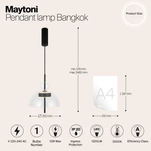 Светильник подвесной LED Bangkok MOD185PL-L6B3K1 Maytoni прозрачный на 1 лампу, основание чёрное в стиле современный фото 8