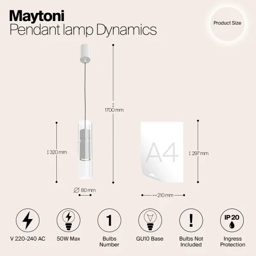 Светильник подвесной Dynamics MOD326PL-01W Maytoni белый прозрачный на 1 лампу, основание белое в стиле современный фото 6