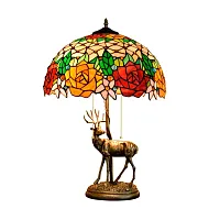 Настольная лампа Тиффани Rose OFT908 Tiffany Lighting разноцветная оранжевая красная зелёная 2 лампы, основание бронзовое металл в стиле тиффани цветы