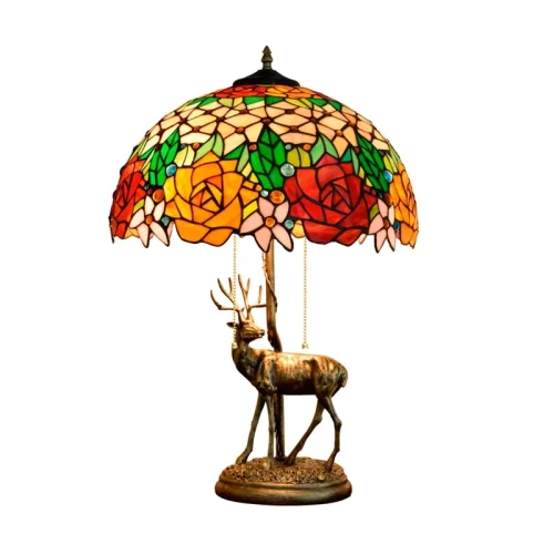 Настольная лампа Тиффани Rose OFT908 Tiffany Lighting разноцветная оранжевая красная зелёная 2 лампы, основание бронзовое металл в стиле тиффани цветы