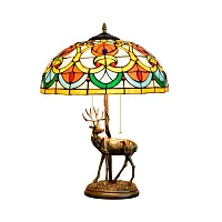 Настольная лампа Тиффани Petunia OFT912 Tiffany Lighting разноцветная оранжевая жёлтая зелёная 2 лампы, основание бронзовое металл в стиле тиффани орнамент