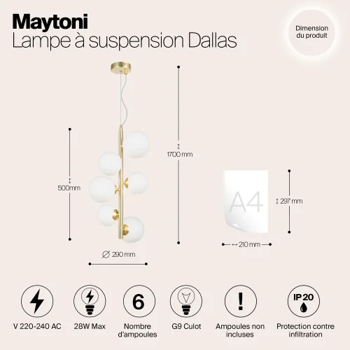 Светильник подвесной Dallas MOD545PL-06BS Maytoni белый на 6 ламп, основание золотое в стиле современный шар фото 9
