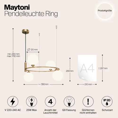 Светильник подвесной Ring MOD013PL-04BS1 Maytoni белый на 4 лампы, основание латунь в стиле современный шар фото 3
