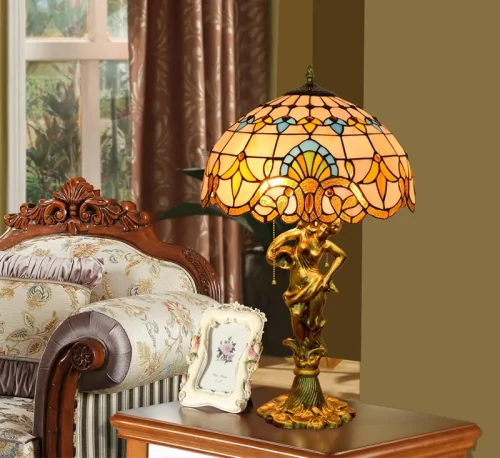 Настольная лампа Тиффани Petunia OFT936 Tiffany Lighting голубая разноцветная коричневая бежевая 2 лампы, основание золотое металл в стиле тиффани цветы орнамент фото 4