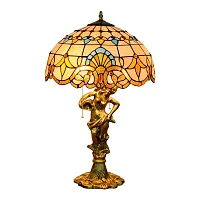 Настольная лампа Тиффани Petunia OFT936 Tiffany Lighting голубая разноцветная коричневая бежевая 2 лампы, основание золотое металл в стиле тиффани цветы орнамент
