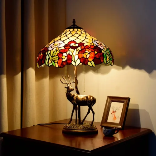 Настольная лампа Тиффани Flower OFT910 Tiffany Lighting разноцветная синяя красная зелёная 2 лампы, основание бронзовое металл в стиле тиффани цветы фото 4