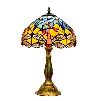 Настольная лампа Тиффани DragonflyOFT807 Tiffany Lighting красная жёлтая синяя голубая 1 лампа, основание бронзовое коричневое металл в стиле тиффани стрекоза