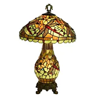 Настольная лампа Тиффани Dragonfly OFT950 Tiffany Lighting разноцветная зелёная 2 лампы, основание разноцветное коричневое стекло металл в стиле тиффани стрекоза