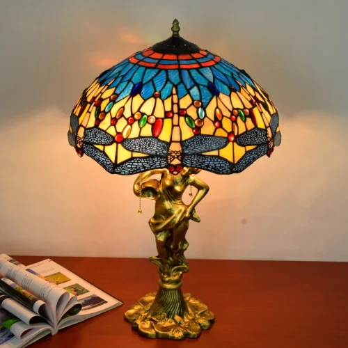 Настольная лампа Тиффани Dragonfly OFT929 Tiffany Lighting голубая разноцветная жёлтая 2 лампы, основание золотое металл в стиле тиффани стрекоза фото 5