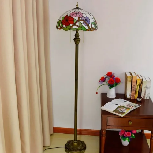 Торшер Тиффани Flower OFRF1004 Tiffany Lighting цветы разноцветный фиолетовый красный зелёный 2 лампы, основание бронзовое коричневое в стиле тиффани
 фото 4