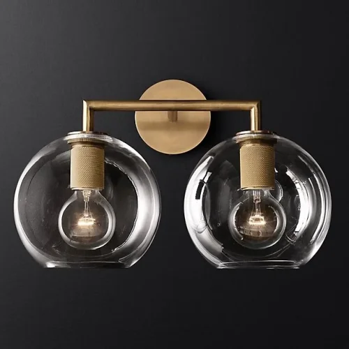 Бра RH Utilitaire Globe Shade Double Sconce Brass 123273-22 ImperiumLoft прозрачный на 2 лампы, основание латунь в стиле лофт 
