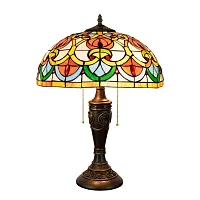 Настольная лампа Тиффани Petunia OFT887 Tiffany Lighting разноцветная оранжевая жёлтая зелёная 2 лампы, основание коричневое полимер в стиле тиффани орнамент