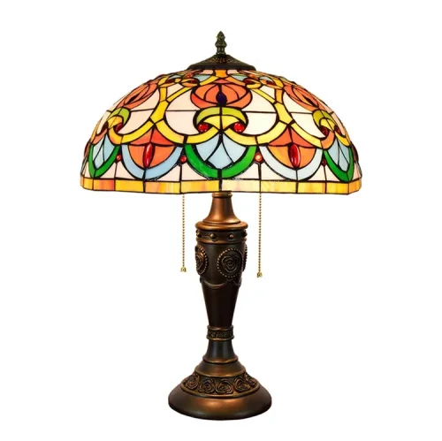 Настольная лампа Тиффани Petunia OFT887 Tiffany Lighting разноцветная оранжевая жёлтая зелёная 2 лампы, основание коричневое полимер в стиле тиффани орнамент