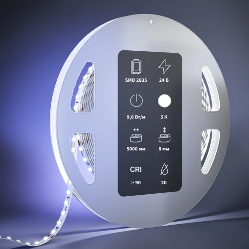 Светодиодная лента 24В 2835 9,6Вт/м 5000К 5м IP 20 201040 Maytoni цвет LED холодный белый 5000K, световой поток 1010Lm фото 2