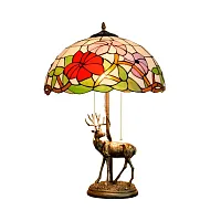 Настольная лампа Тиффани Flower OFT903 Tiffany Lighting разноцветная красная розовая зелёная белая 2 лампы, основание бронзовое металл в стиле тиффани цветы