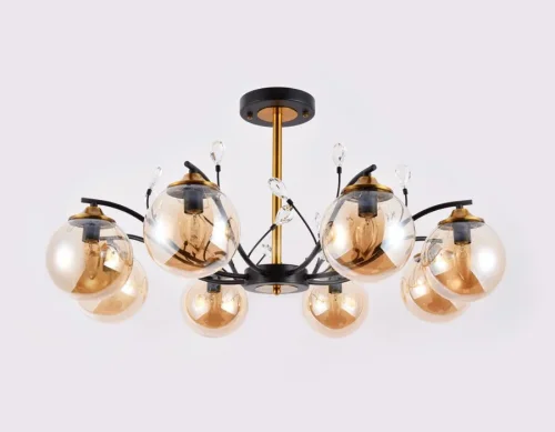 Люстра потолочная TR9076 Ambrella light янтарная на 8 ламп, основание чёрное в стиле современный лофт шар фото 3