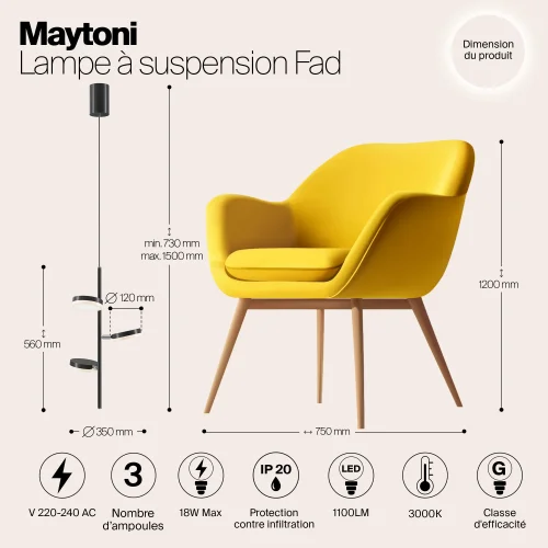 Светильник подвесной LED Fad MOD070PL-L18B3K Maytoni белый чёрный на 3 лампы, основание чёрное в стиле современный фото 5