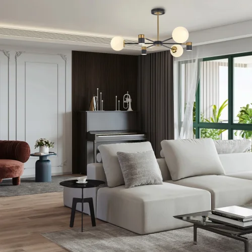 Люстра на штанге LED Ferrara-71040 274802/6 BK/GD Arte Milano белая на 6 ламп, основание чёрное в стиле современный фото 9
