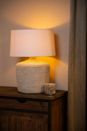 Настольная лампа Ambala 10552/81/73 Lucide белая на 1 лампу, основание бежевое коричневое дерево в стиле кантри 