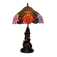 Настольная лампа Тиффани Flower OFT867 Tiffany Lighting разноцветная синяя оранжевая красная 1 лампа, основание коричневое металл в стиле тиффани девушка цветы