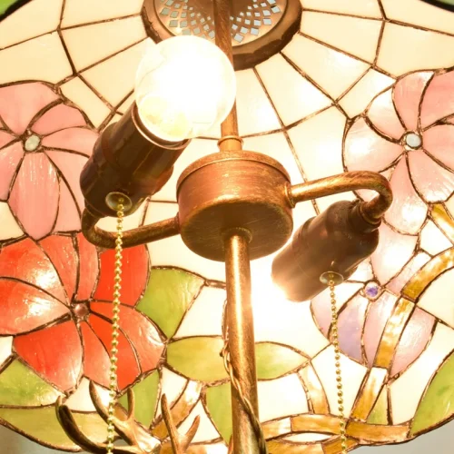 Настольная лампа Тиффани Flower OFT903 Tiffany Lighting разноцветная красная розовая зелёная белая 2 лампы, основание бронзовое металл в стиле тиффани цветы фото 7