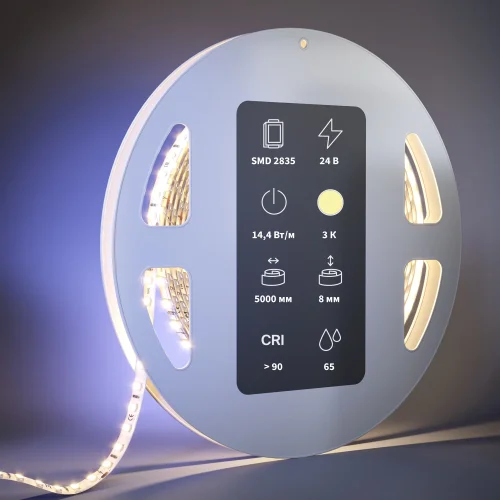 Светодиодная лента 24В 2835 14,4Вт/м 3000К 5м IP 65 201055 Maytoni цвет LED тёплый белый 3000K, световой поток 1360Lm фото 2