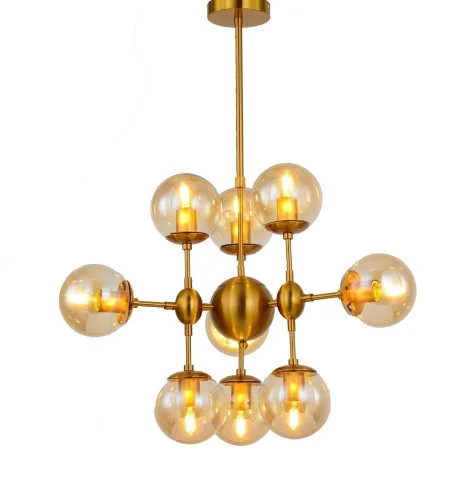Люстра на штанге Gala LDP 7006-9 MD Lumina Deco янтарная на 9 ламп, основание бронзовое в стиле модерн шар молекула