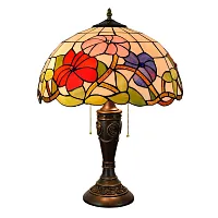 Настольная лампа Тиффани Flower OFT899 Tiffany Lighting разноцветная фиолетовая красная зелёная 2 лампы, основание коричневое полимер в стиле тиффани цветы