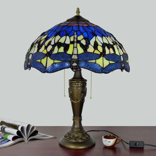 Настольная лампа Тиффани Dragonfly OFT888 Tiffany Lighting голубая разноцветная синяя жёлтая 2 лампы, основание коричневое полимер в стиле тиффани стрекоза фото 4