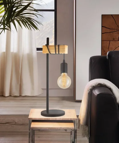 Настольная лампа лофт Townshend 32918 Eglo без плафона 1 лампа, основание чёрное коричневое дерево металл в стиле лофт  фото 2