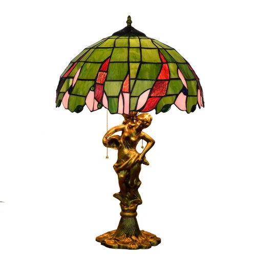 Настольная лампа Тиффани Rural Green OFT944 Tiffany Lighting разноцветная красная зелёная 2 лампы, основание золотое металл в стиле тиффани орнамент